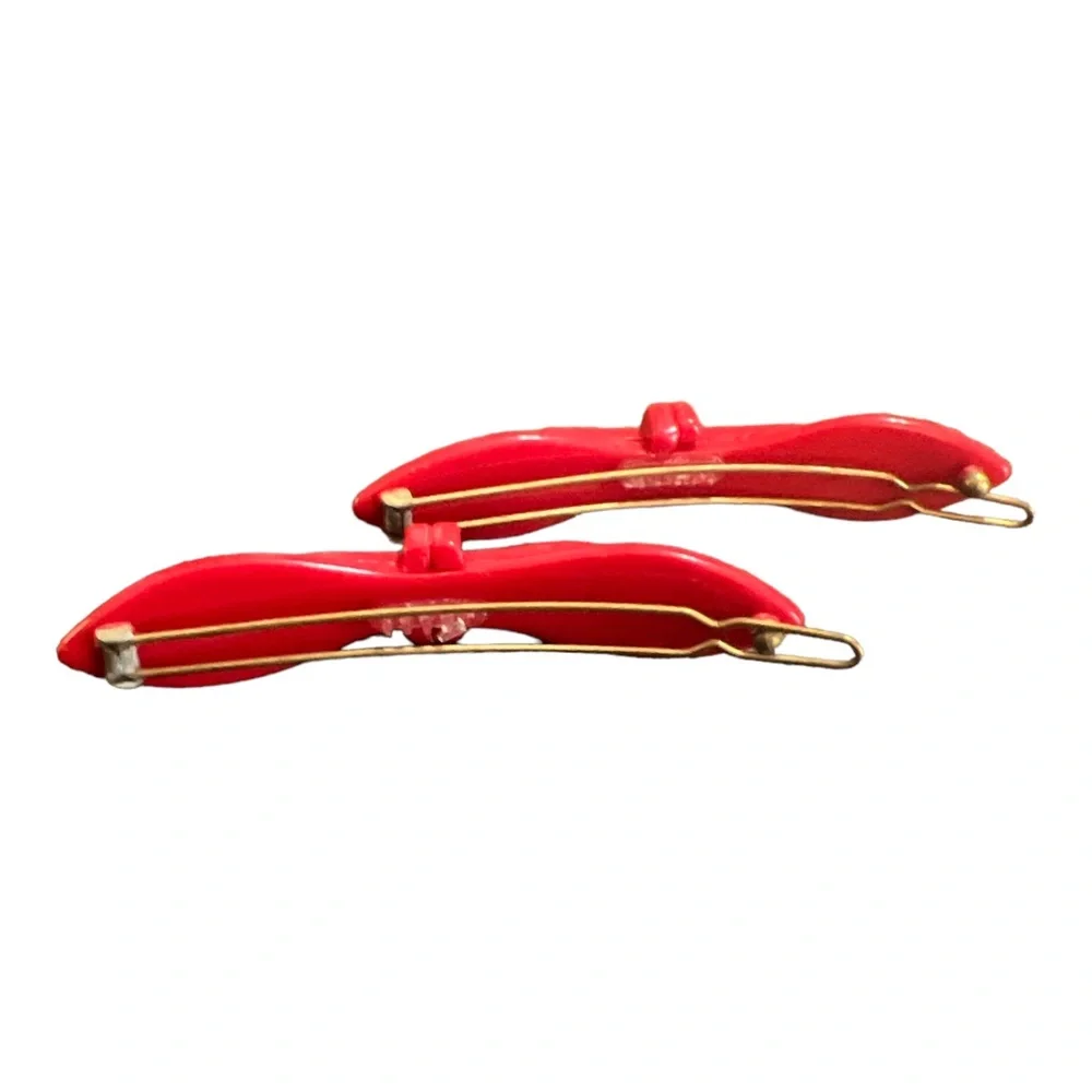 Vintage 1960’s Bright Cherry Red French Bow Barrettes, One Pair,‎ Deadstock